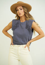 PADDED SHOULDER FRINGE TOP