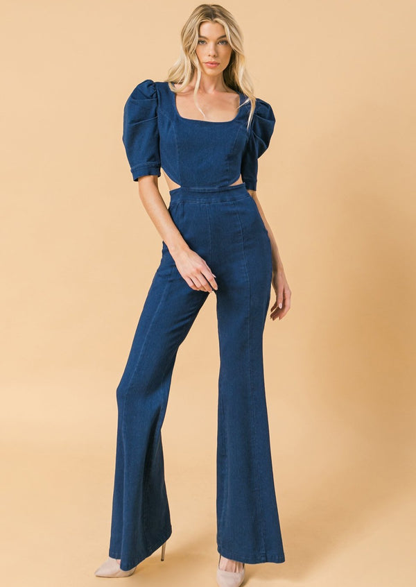 DENIM PUFF SLEEVE JUMSUIT