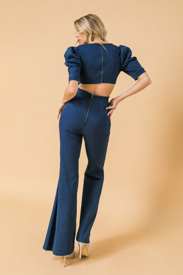 DENIM PUFF SLEEVE JUMSUIT